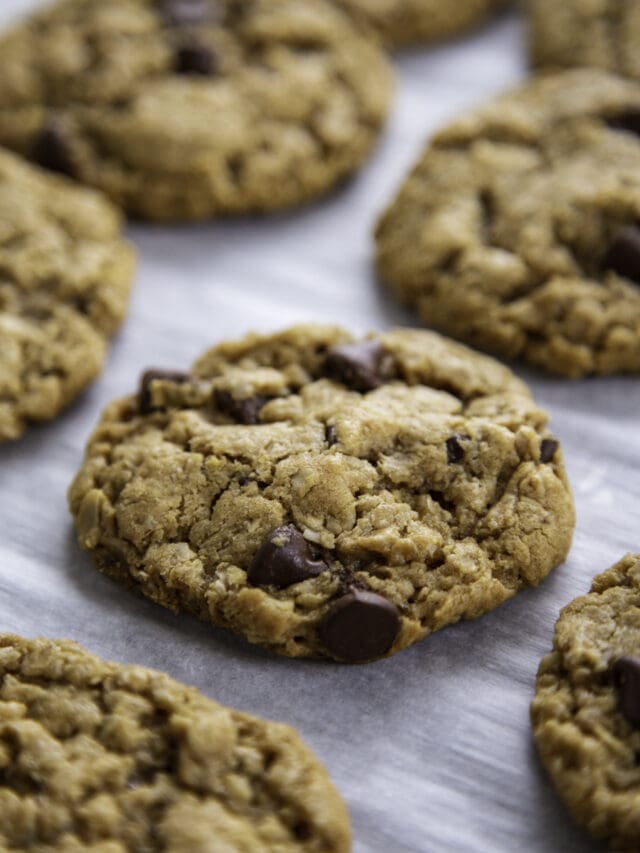 oatmeal peanut butter chocolate chip cookies on baking sheet