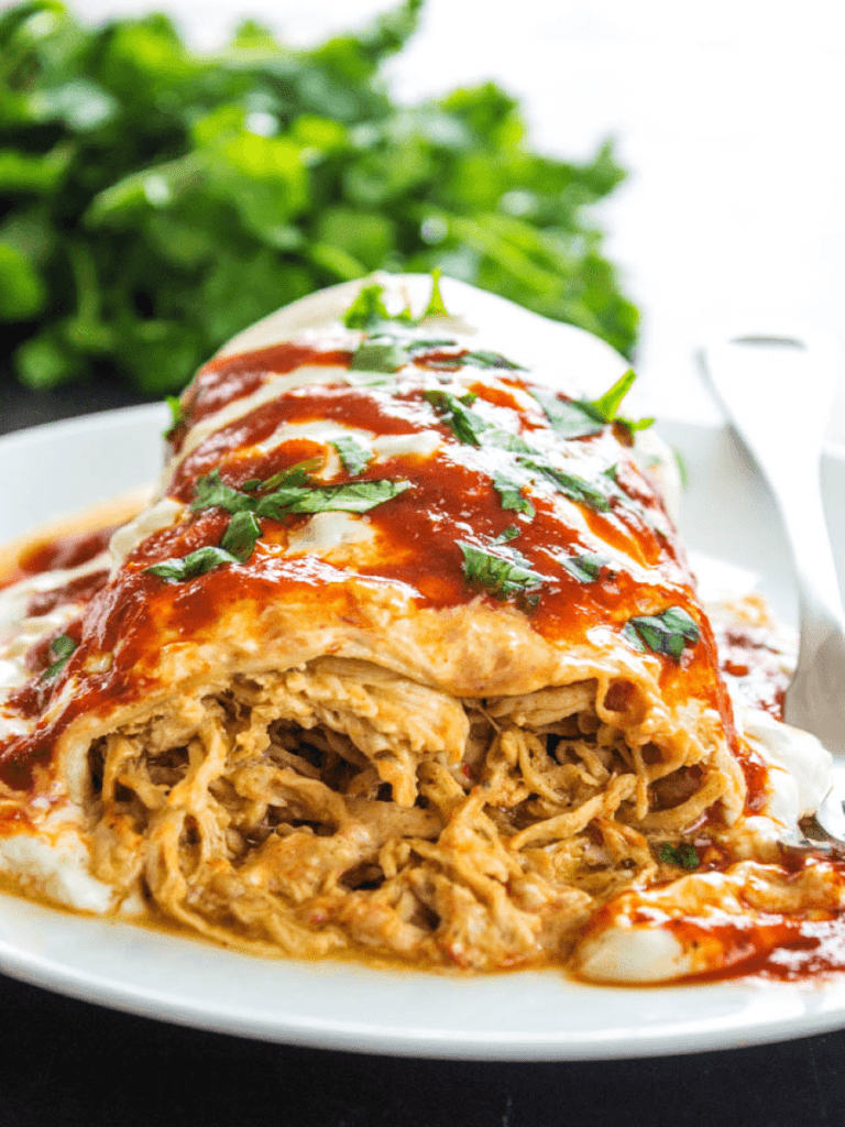 close up shot of shredded chicken in burrito