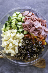 pasta salad ingredients in bowl