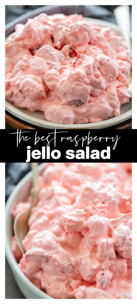 collage image of raspberry jello salad with recipe title
