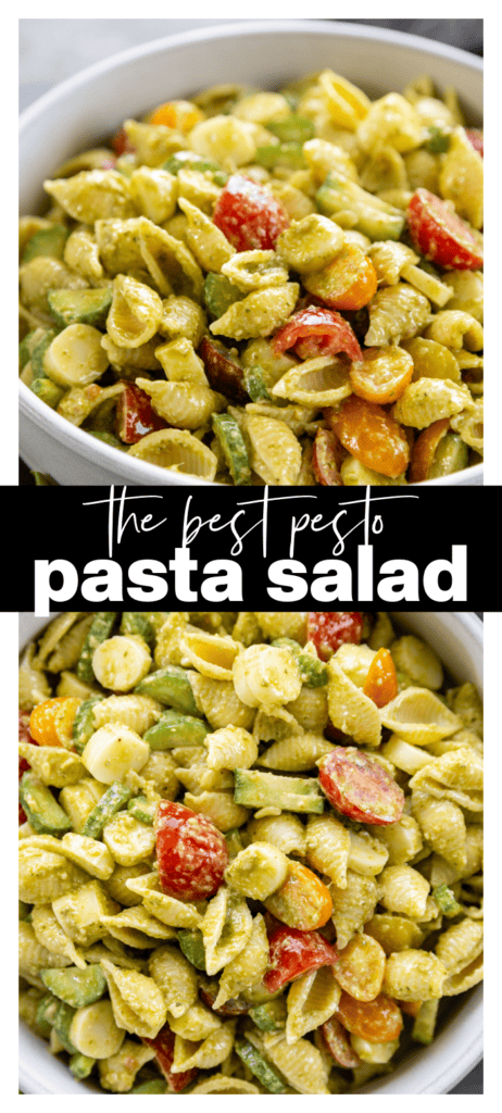collage image of pesto pasta salad with recipe title