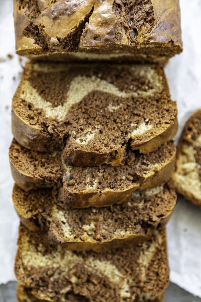 overhead shot of sliced peanut butter banana swirl bread