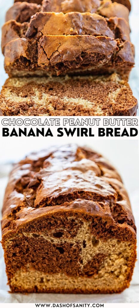 collage image of chocolate peanut butter banana swirl bread with recipe title