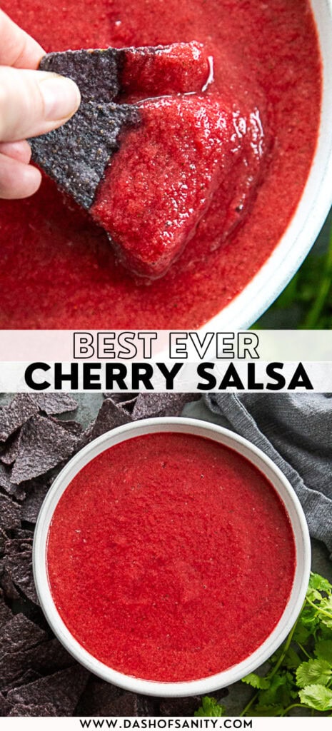 collage image of cherry salsa with chips and recipe title