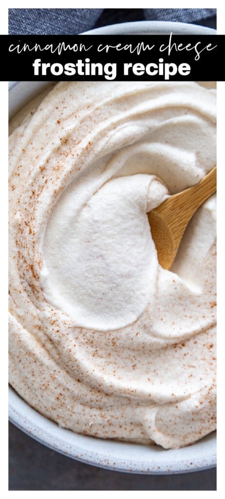 overhead shot of cinnamon cream cheese frosting in bowl with recipe title at the top