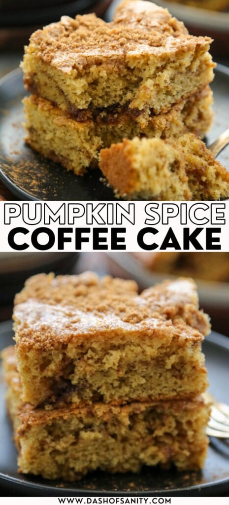 two pictures of pumpkin spice coffee cake with recipe title