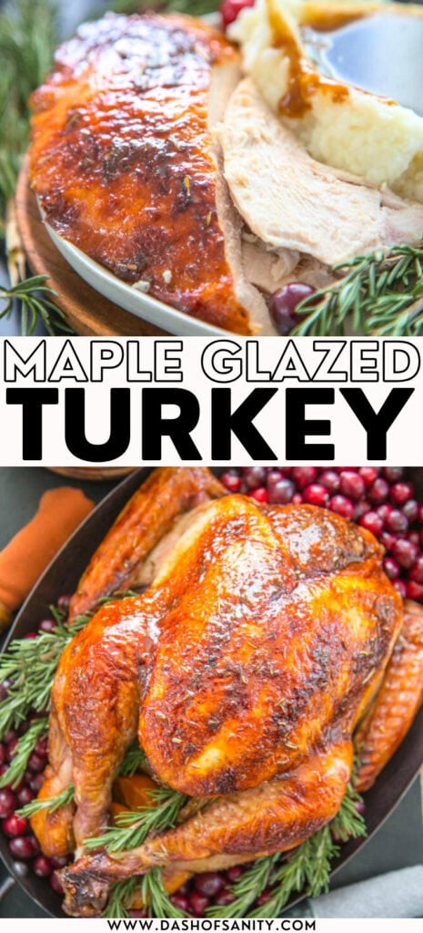 collage image of maple glazed turkey - whole and one plate with potatoes