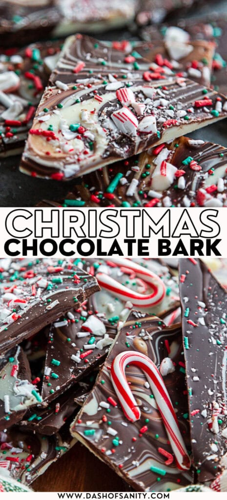 collage image of white and dark chocolate bark with sprinkles