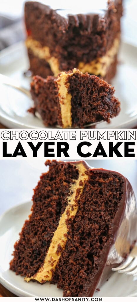collage image of chocolate pumpkin cake with recipe title