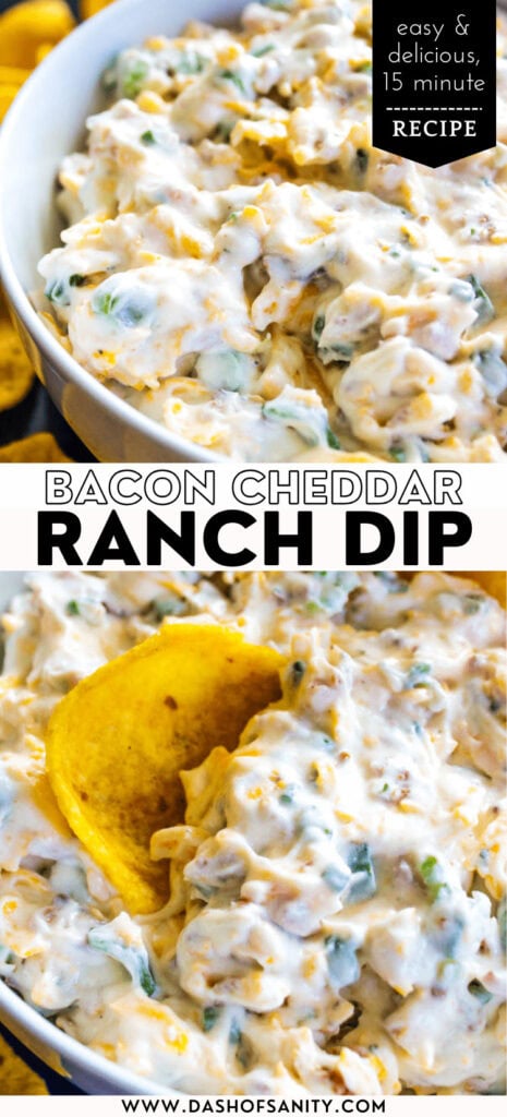 collage image of ranch dip recipe with bacon and cheddar cheese