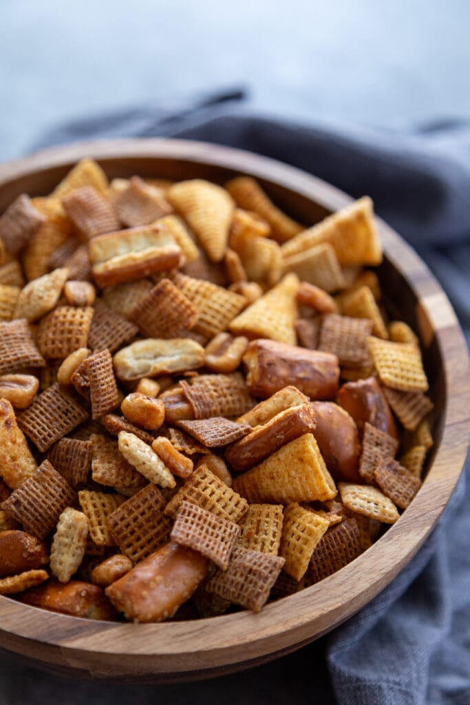 wooden bowl of chex mix