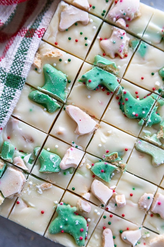 overhead of white chocolate Christmas cookie fudge cut