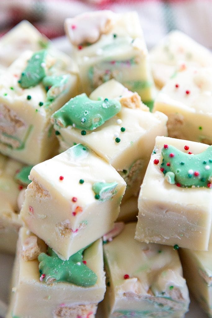overhead shot of white chocolate Christmas cookie fudge