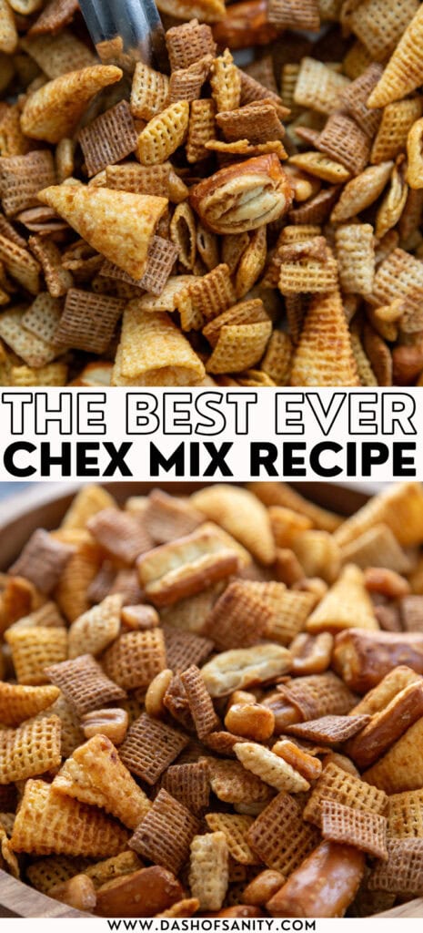 collage image of chex mix recipe with recipe title