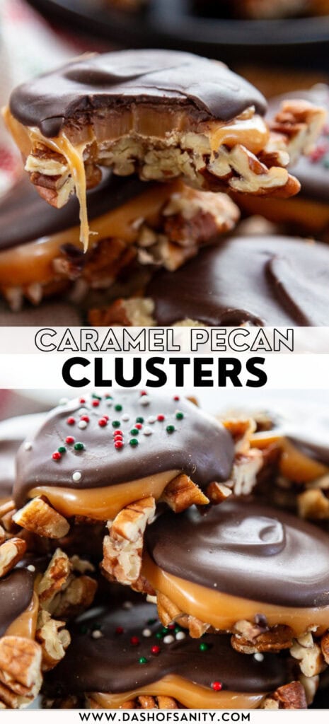 collage image of caramel pecan clusters