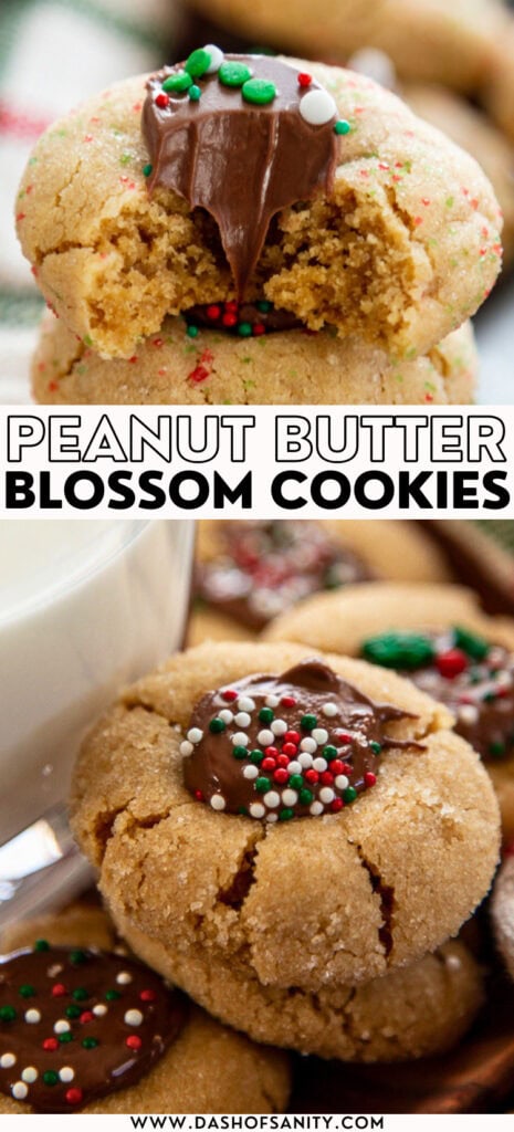 collage image if peanut butter blossom cookies with recipe title