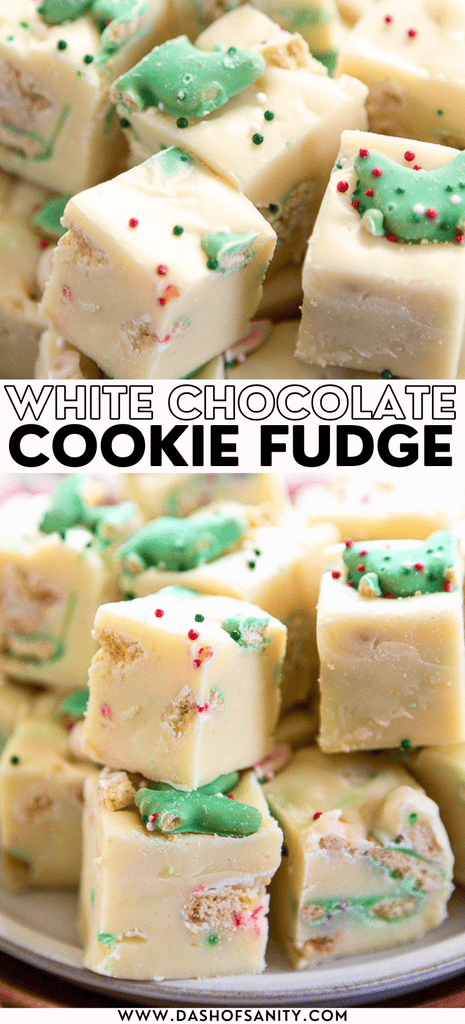 collage image of white chocolate fudge and cookies with recipe title