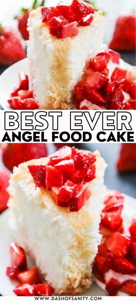 collage image of angel food cake with recipe title