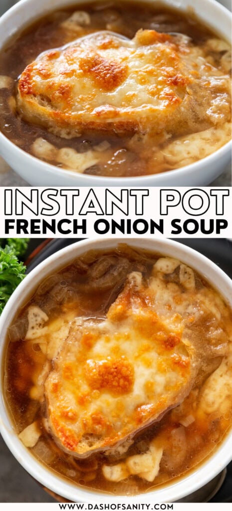 collage image of french onion soup with recipe title