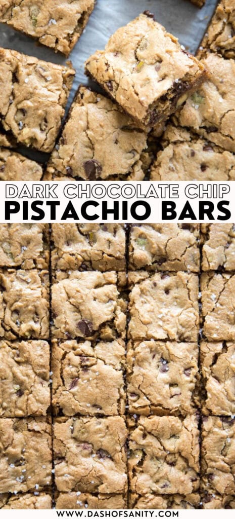 dark chocolate chip pistachio bars collage image with recipe title