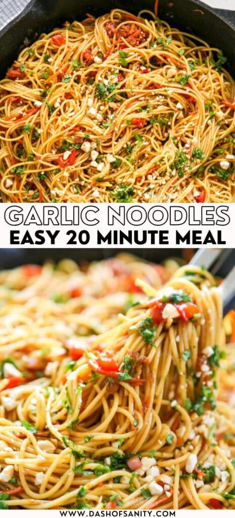 collage image with recipe title of garlic noodles