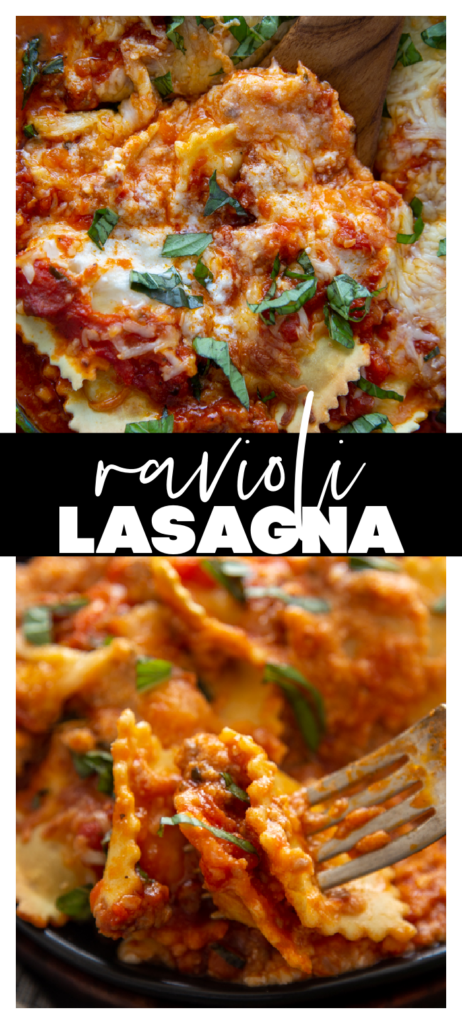 two image of ravioli lasagna with the recipe title