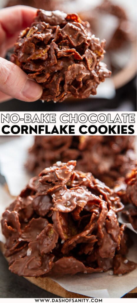 collage image of chocolate cornflake cookies with recipe title