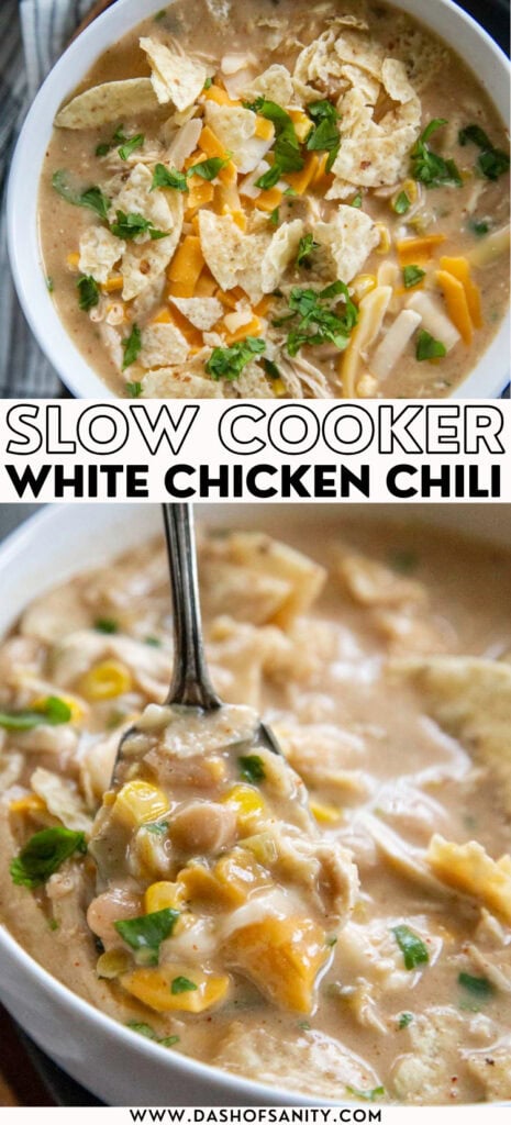 collage image of white chicken chili with chips cheese and cilantro