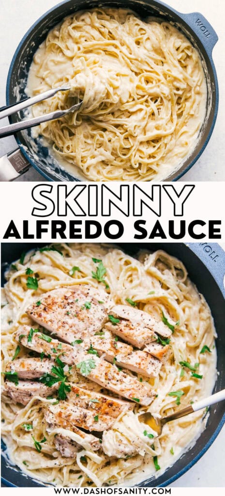 collage image with recipe title of fettuccine Alfredo sauce