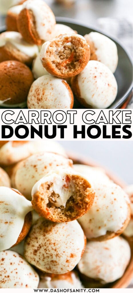 collage image of carrot cake donut holes showing cream cheese center