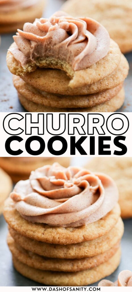 churro cookies stacked with recipe title