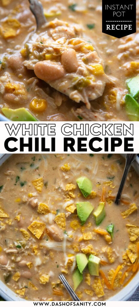 collage image of white chicken chili with recipe title