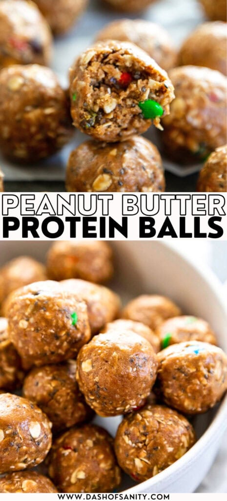 collage image of peanut butter protein balls with recipe title