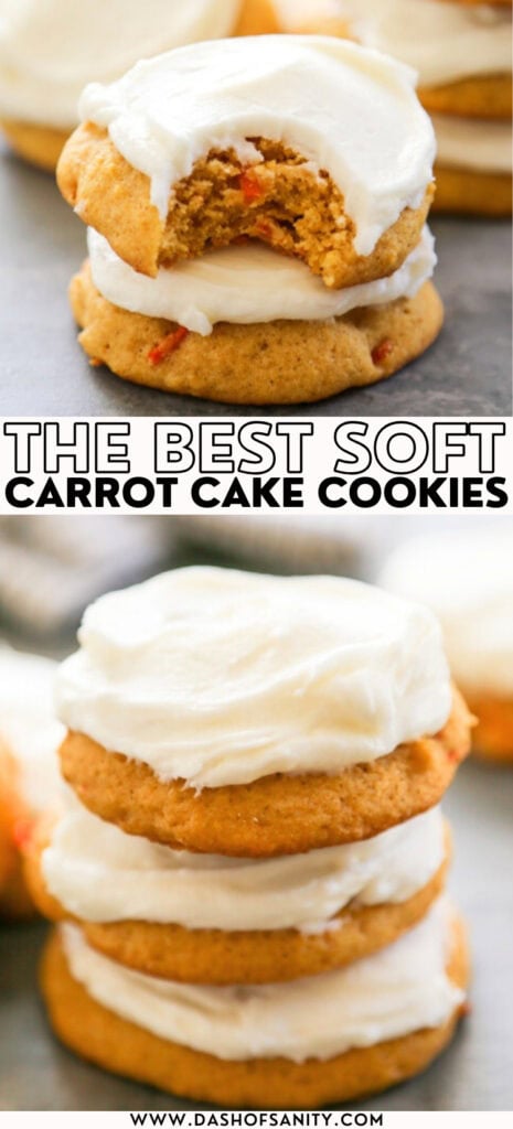 collage image with recipe title of soft carrot cake cookies