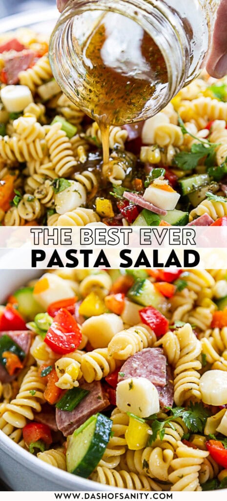 collage image of pasta salad with recipe title