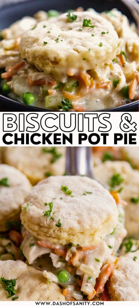 collage image of chicken and biscuits pot pie with recipe title
