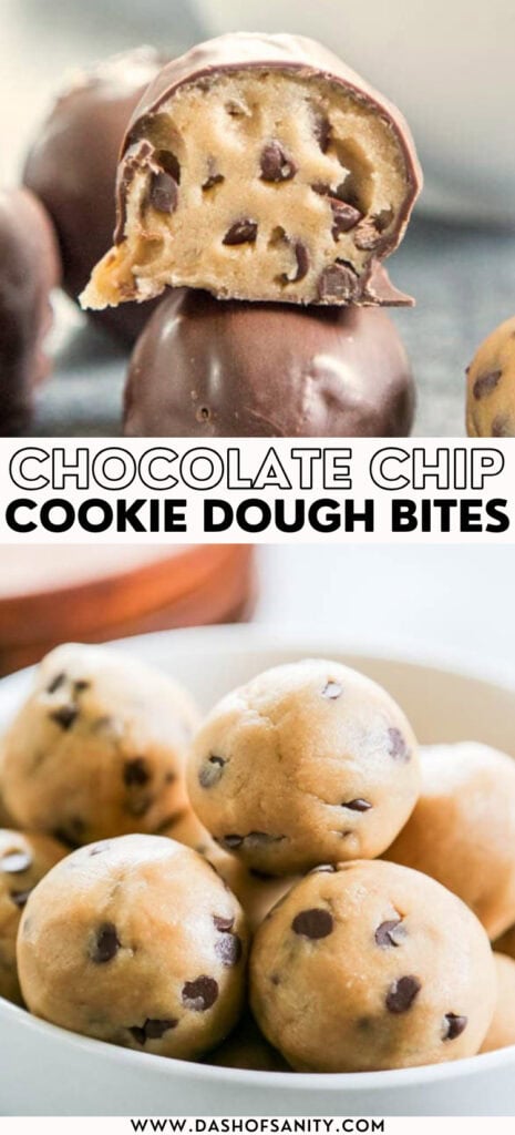 collage image of chocolate chip cookie dough bites stacked