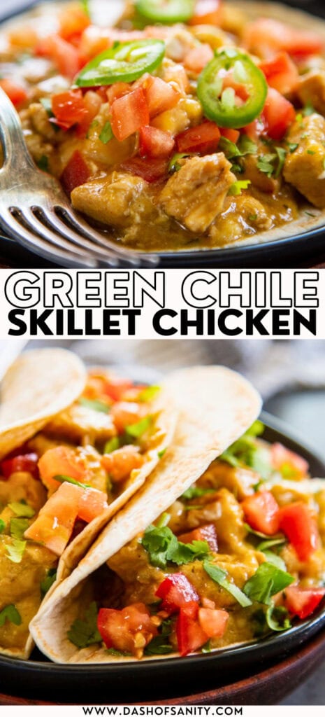 Close-up of green chile skillet chicken with vegetables and tortillas.