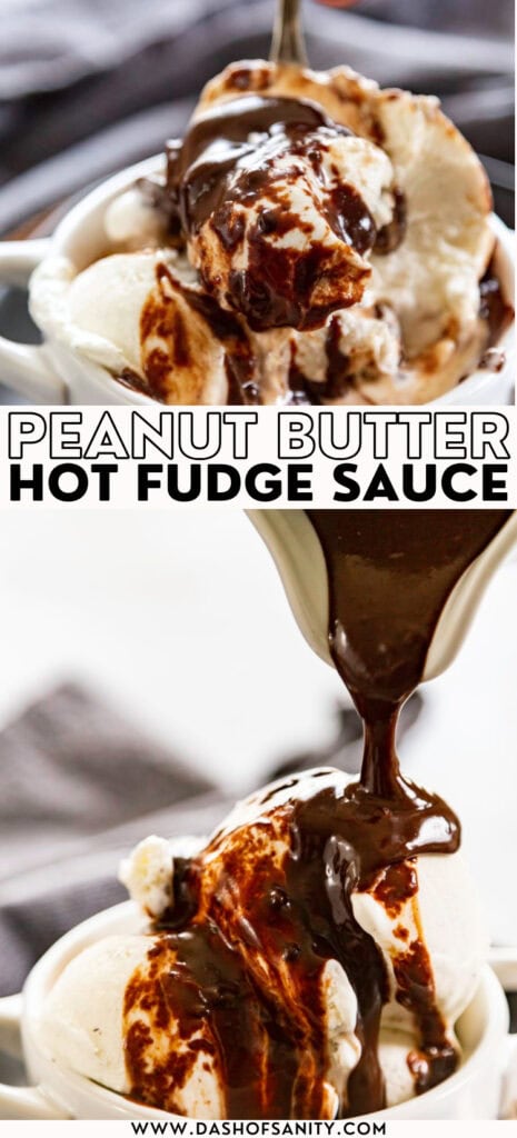 collage image of hot fudge and ice cream with recipe title