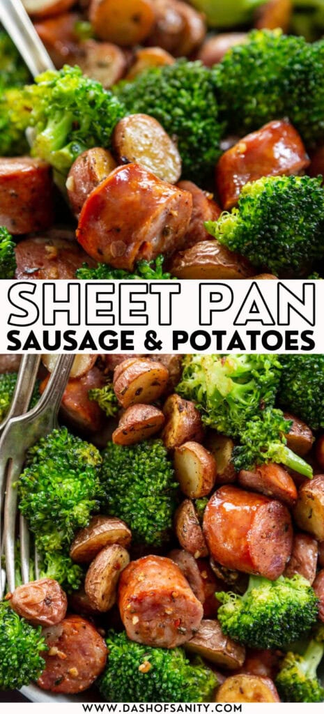 collage image of broccoli, potatoes and sausage with recipe title