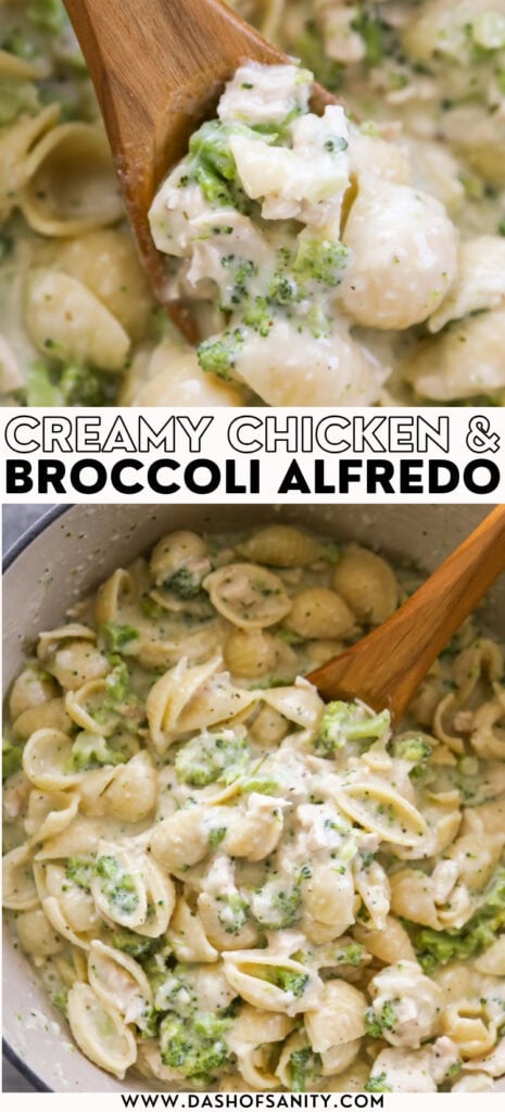 collage image of alfredo with chicken and broccoli