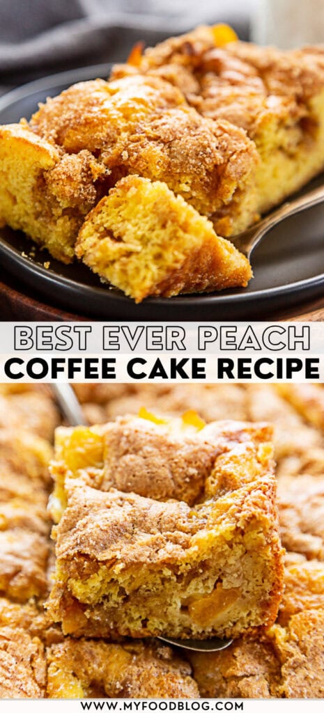 collage image of peach coffee cake with recipe title