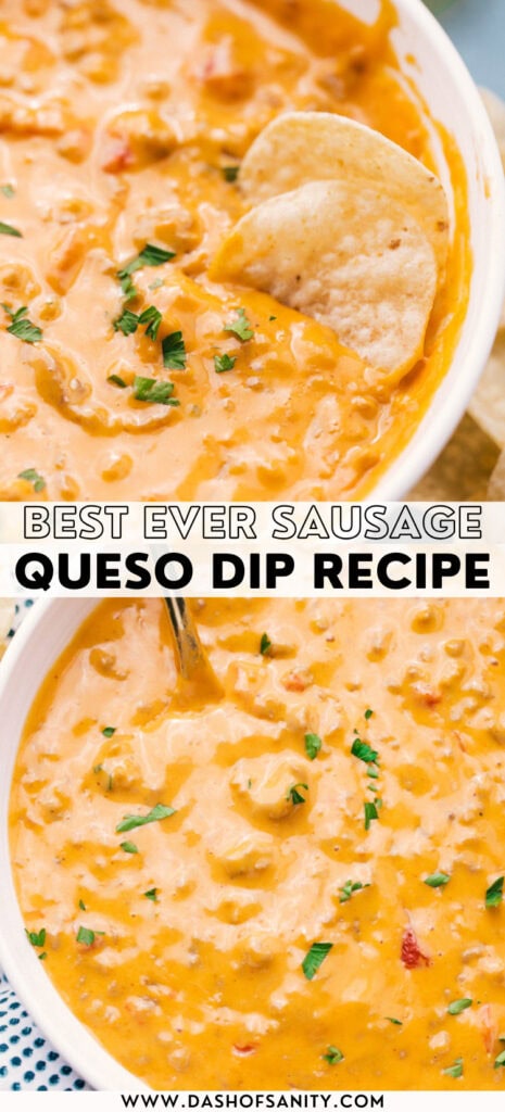 collage image of sausage quesio dip with recipe title