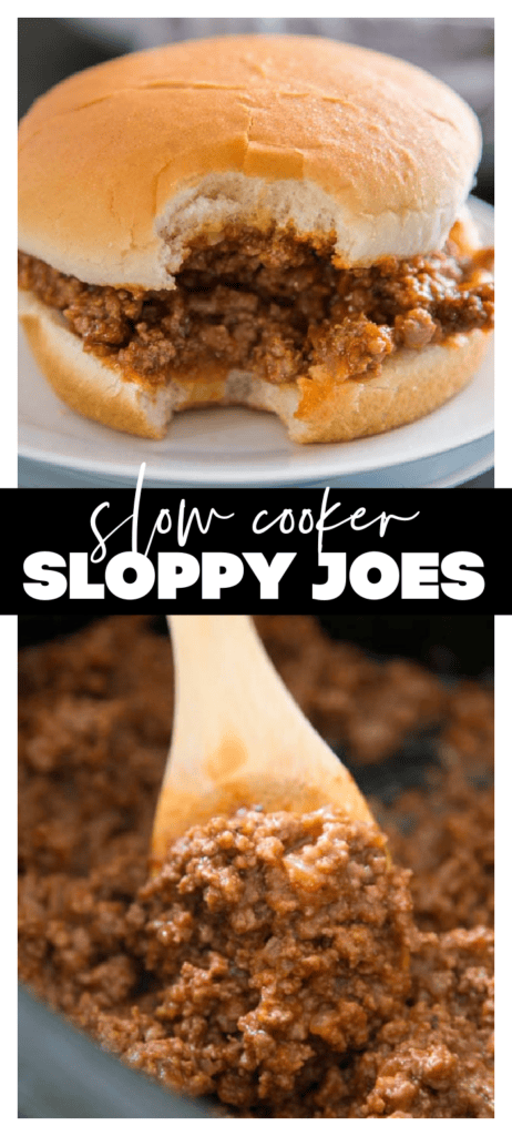 collage image of sloppy joes, two image one with bun and one in slow cooker