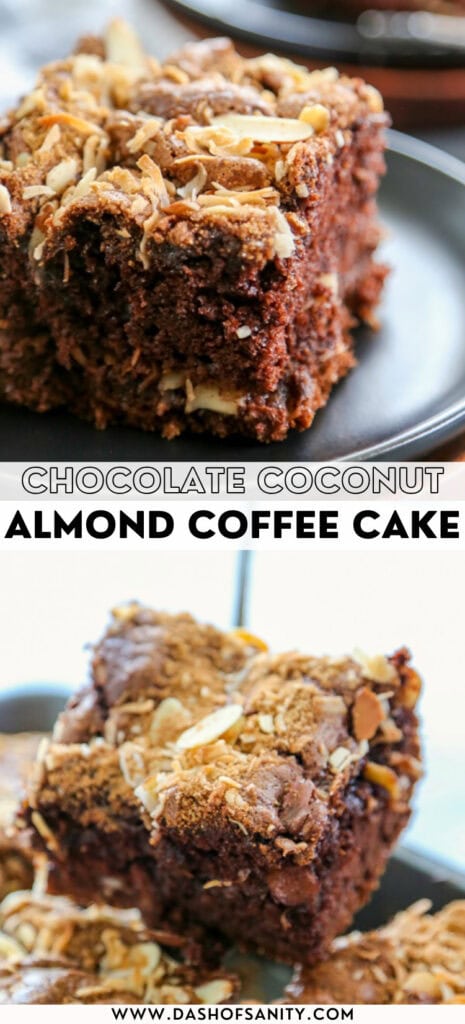 chocolate coconut almond coffee cake collage image with recipe title