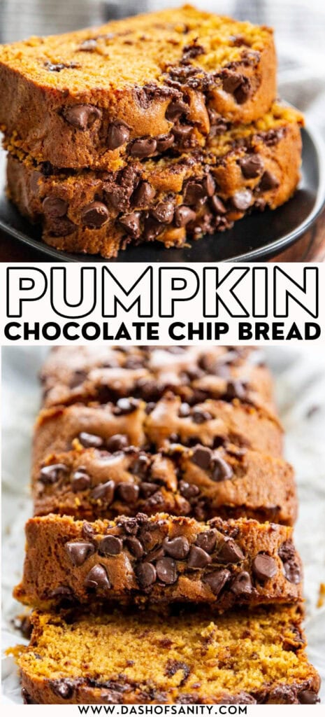 collage image of pumpkin chocolate chip bread with recipe title