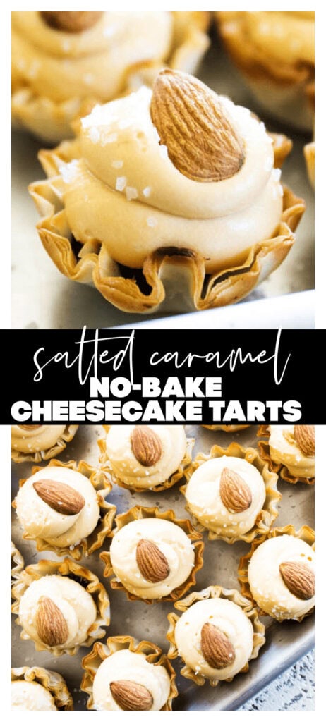 collage image of salted caramel no bake cheesecake tarts