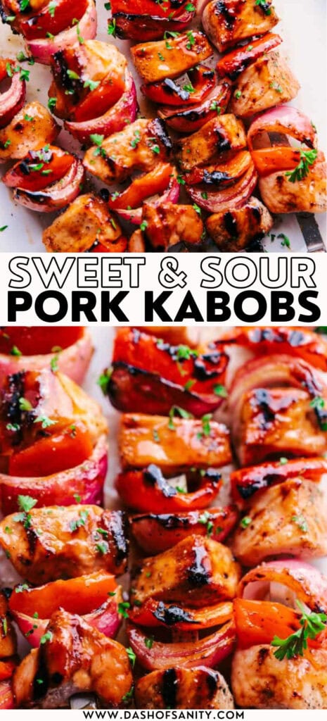 collage image of sweet & sour pork kabobs with recipe title