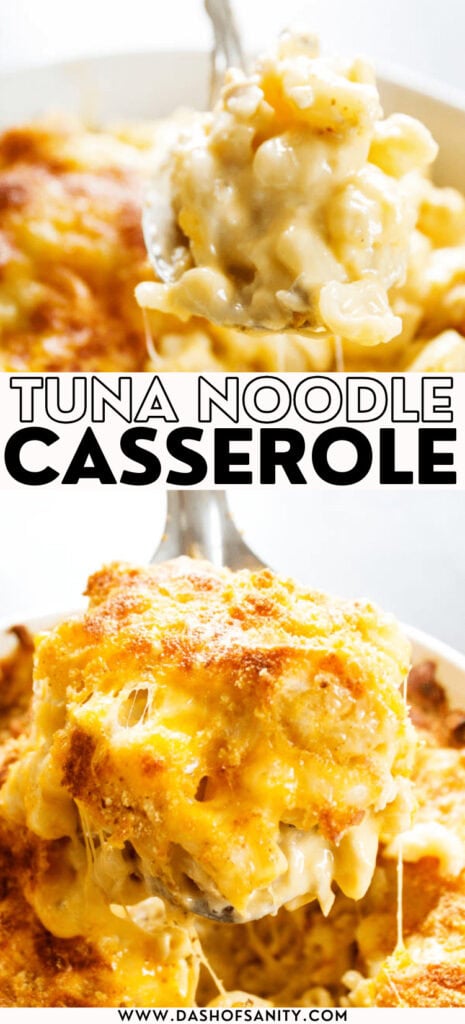 collage image with recipe title of tuna noodle casserole