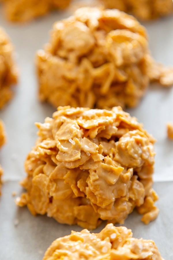 no bake butterscotch cornflake cookie on sheet pan